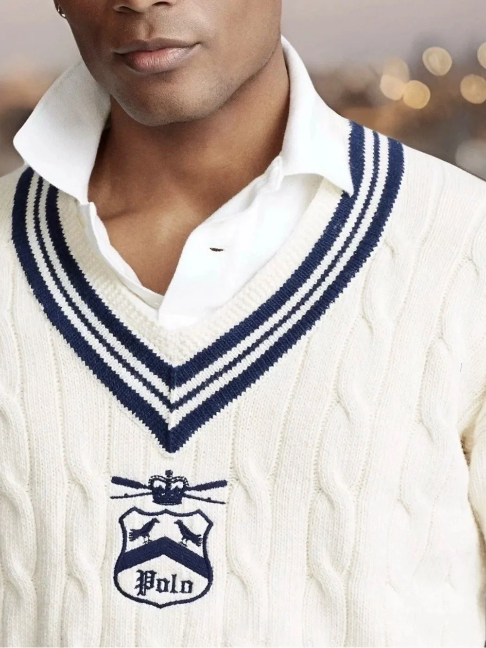 Polo by Ralph Lauren White Cable-Knit V-Neck Sweater with Navy Trim